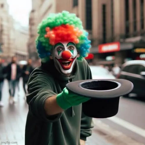 Chú hề chìa chiếc mũ ra xin