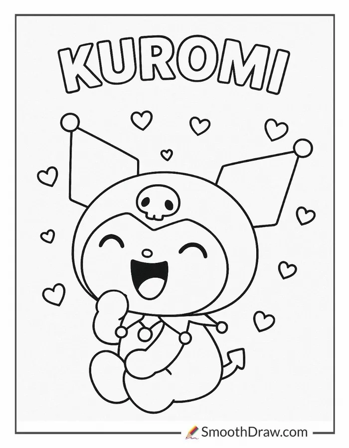 Hình tô màu Kuromi đeo kính đọc sách trong khung cảnh thư viện.