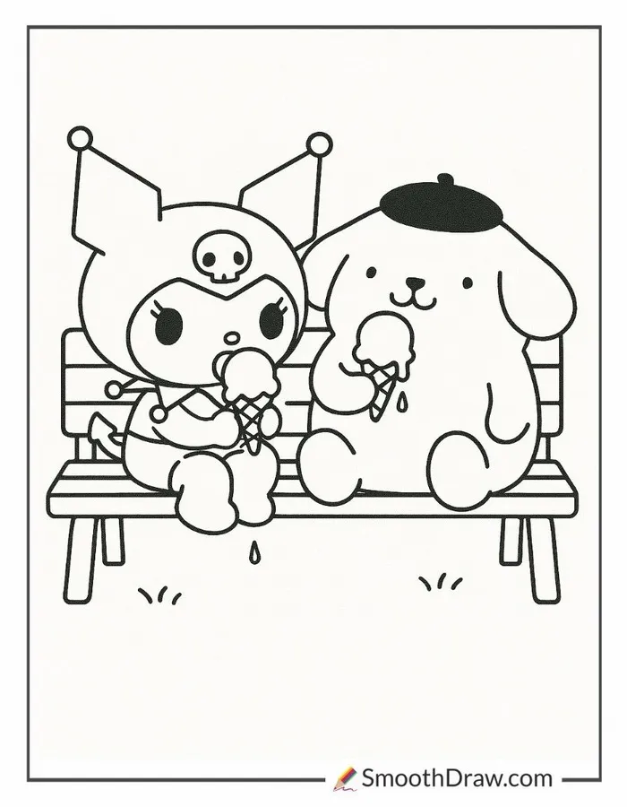 Tranh tập tô Kuromi với đầu lâu hồng nổi bật giữa nền tím dịu.