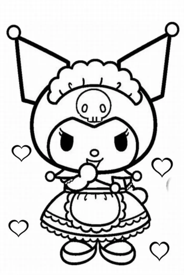 Tranh tô màu Kuromi đáng yêu với chiếc mũ đen bí ẩn.