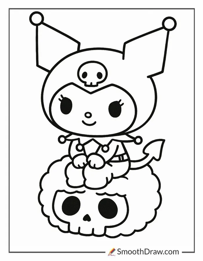 Hình tô màu Kuromi đáng yêu với chiếc đầu lâu hồng giữa chiếc mũ đen
