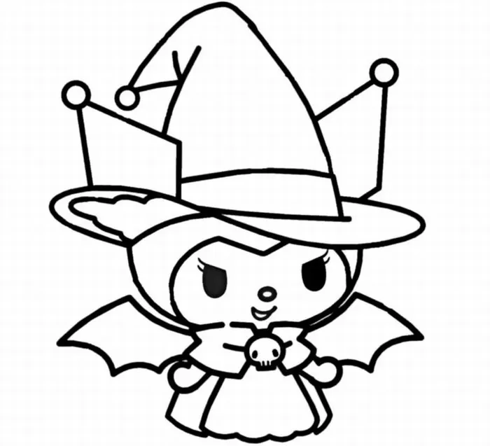 Tranh tô màu Kuromi cá tính với mũ đen và đầu lâu hồng nổi bật