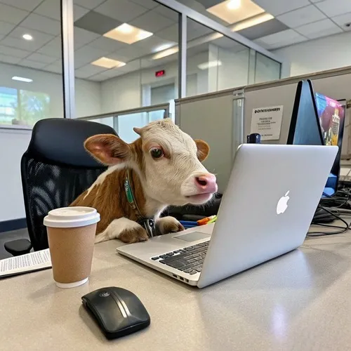 Meme chế bò ngồi làm việc trước Macbook