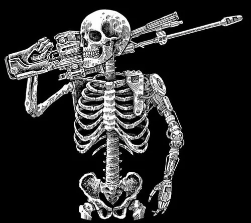Ảnh chế bộ xương vác súng trên vai