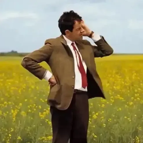 Meme hài Mr Bean chống nạnh suy nghĩ