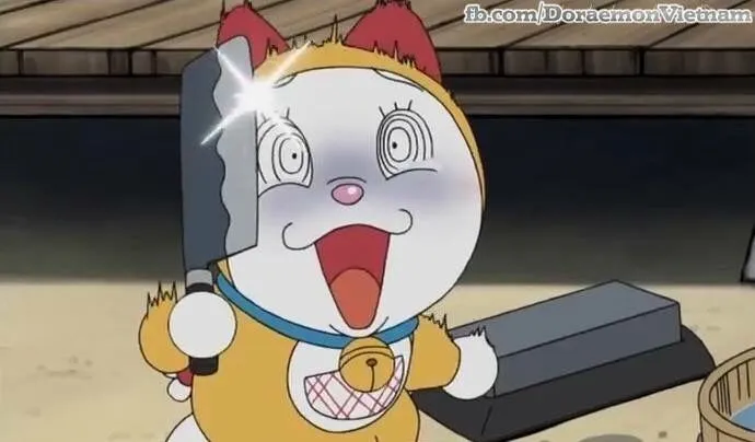 Meme mèo máy Doremi cầm dao đáng sợ