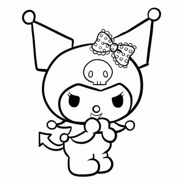 Hình tô màu Kuromi đội mũ phù thủy và cưỡi trên chổi bay.