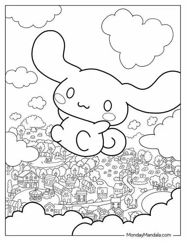 Tờ giấy tô màu chú chó trắng Cinnamoroll tai dài bay lượn