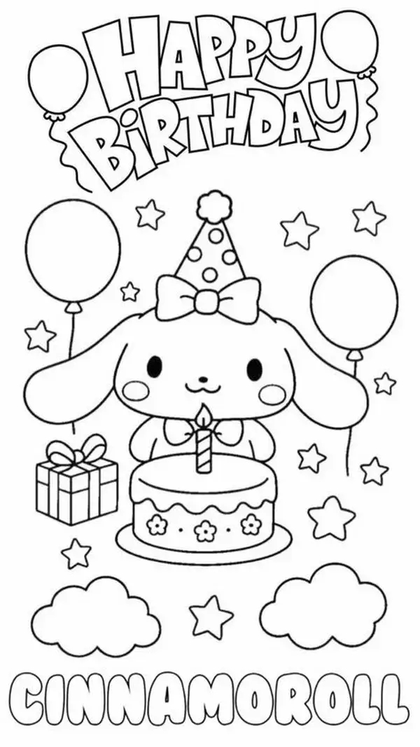 Trang tô màu Cinnamoroll ngồi bên tách cafe sữa ấm áp