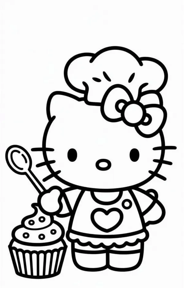 Tranh tô màu Hello Kitty thân trắng nơ đỏ cho trẻ