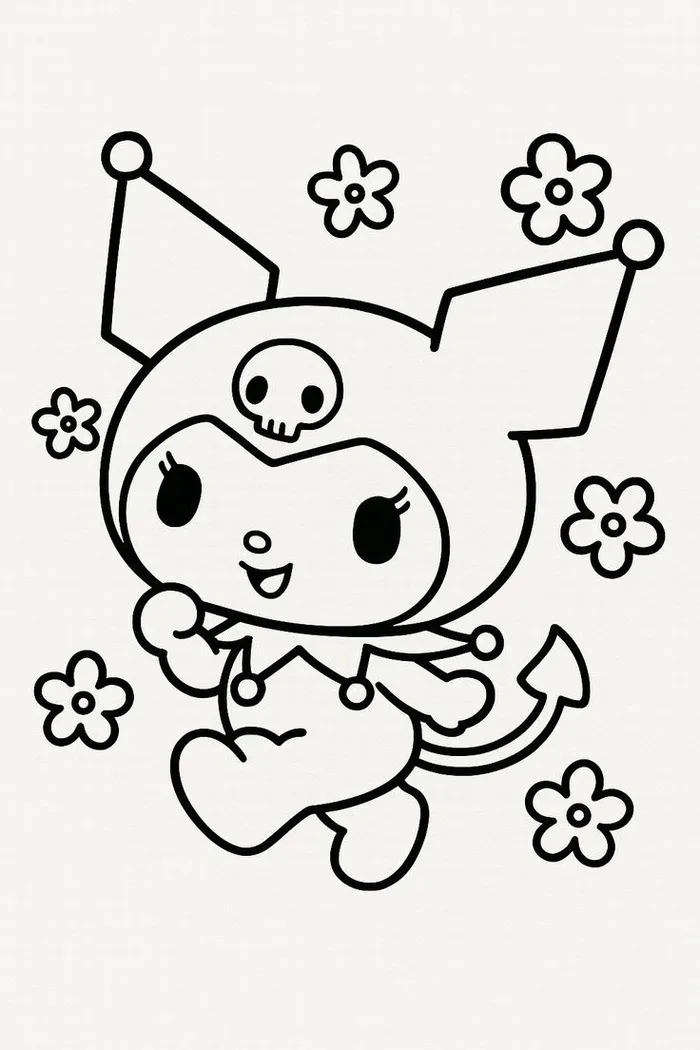 Bức tranh tô màu Kuromi đáng yêu với ánh nhìn tinh nghịch.