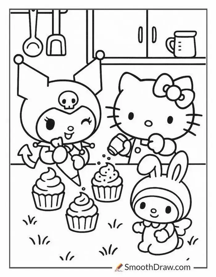 Hình tô màu Kuromi đứng dưới trăng cười tươi lấp lánh.