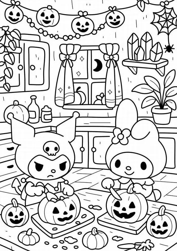 Tranh tô màu Kuromi Halloween cực ngầu với chiếc mũ đen.