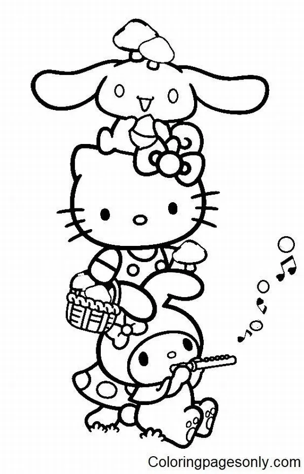 Hoạt động tô màu Kuromi mũ đầu lâu hồng cạnh chó trắng và Hello Kitty