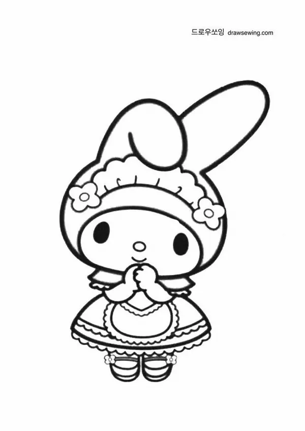 Tranh tô màu My Melody dễ thương với mũ trùm hồng