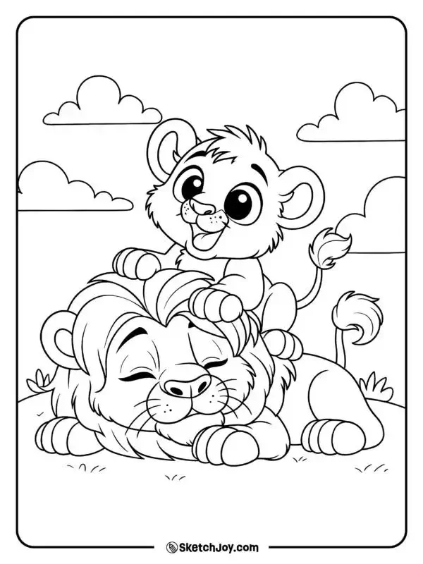 In hình tập tô sư tử nằm nghỉ giữa đồng cỏ cho trẻ tô