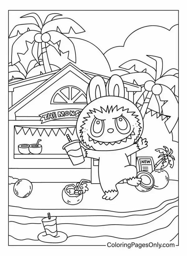 Hình tô Labubu đang câu cá trong hồ nhỏ yên bình