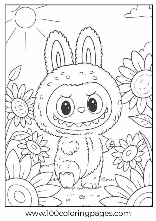 Trang tô Labubu đội mũ sinh nhật bên chiếc bánh kem