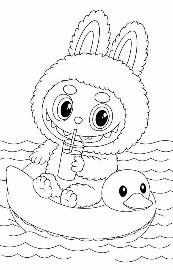 Hình tô Labubu mặc áo kimono ngắm pháo hoa đêm