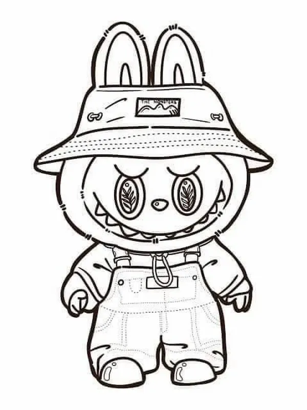 Trang tô màu Labubu đội nón rơm ngồi dưới gốc cây