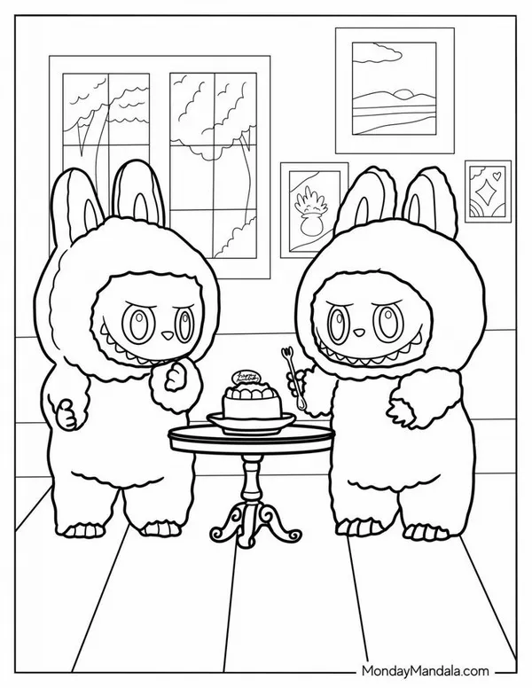 Trang tô màu Labubu mặc đồ bếp cầm thìa khuấy nồi súp