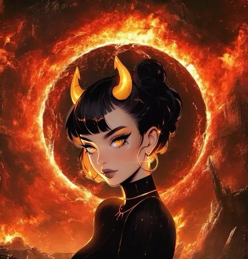 Ảnh hiển thị tạo hình quỷ hòa phong cách nữ trên nền đen