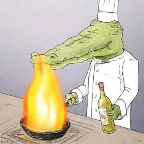 Cá sấu nấu ăn lửa bùng lên suýt cháy cả mõm