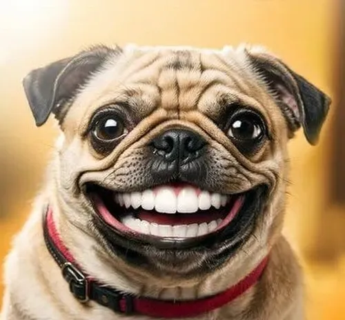 Hình chó mặt xệ hằm nhưng nanh ló tạo vibe hài.