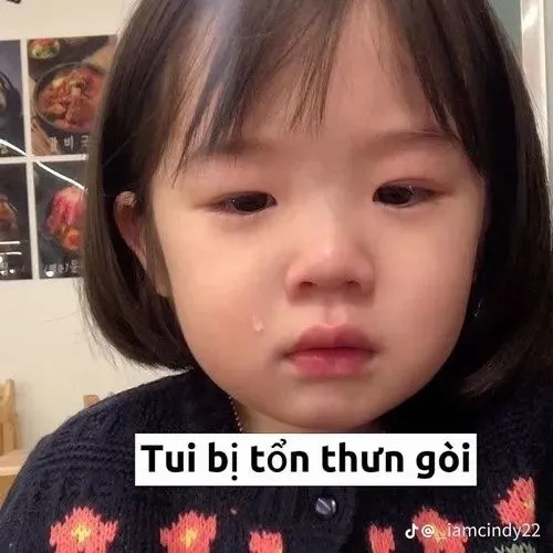 Hình troll má phúng phính run sợ nhẹ trong dáng chồm hổm