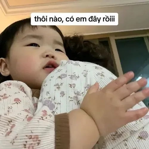 Ảnh meme vui em bé mắt to lí nhí xin lỗi đáng yêu