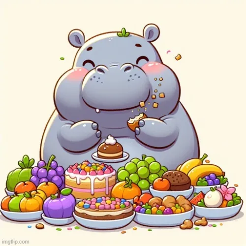 Hà mã chibi đang thưởng thức đồ ăn