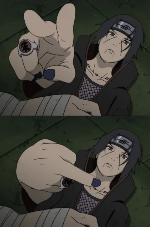 Meme Itachi nghiêm mặt đi cùng băng trán Uchiha
