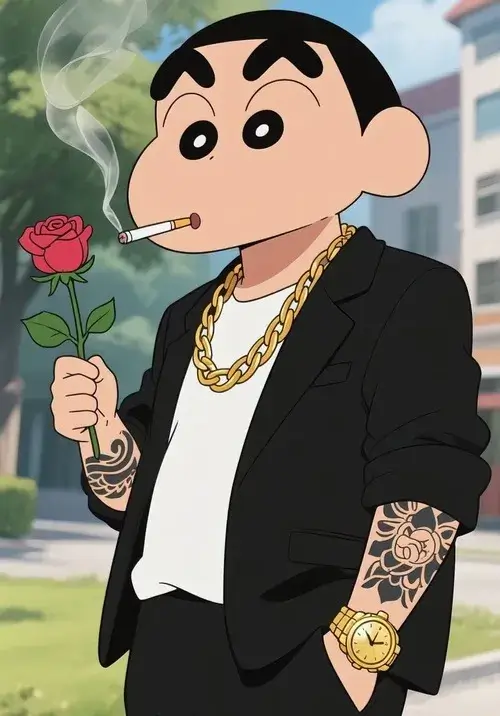 Ảnh hiển thị hình Shin cartoon tung tăng giữa Kasukabe