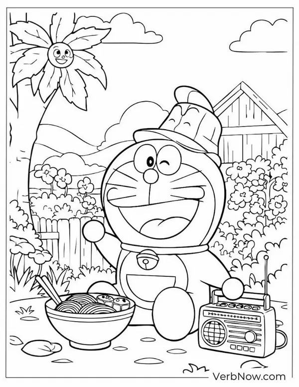 Tranh tô màu mèo ú Doraemon với chong chóng tre trên đầu