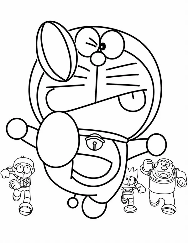 Hình tô Doremon ngồi thiền yên tĩnh trong vườn hoa