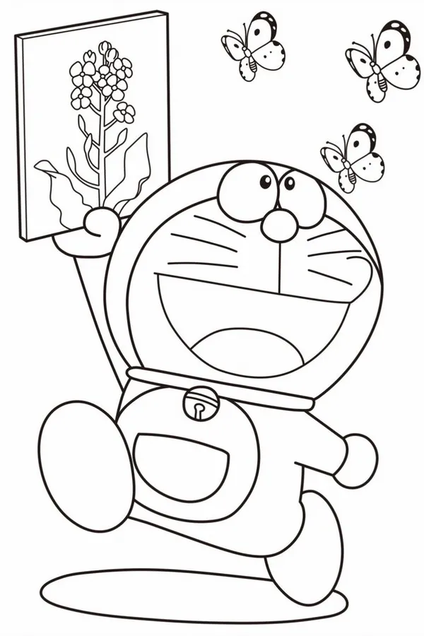 Trang tô màu Doraemon cười hiền bên Nobita và Shizuka