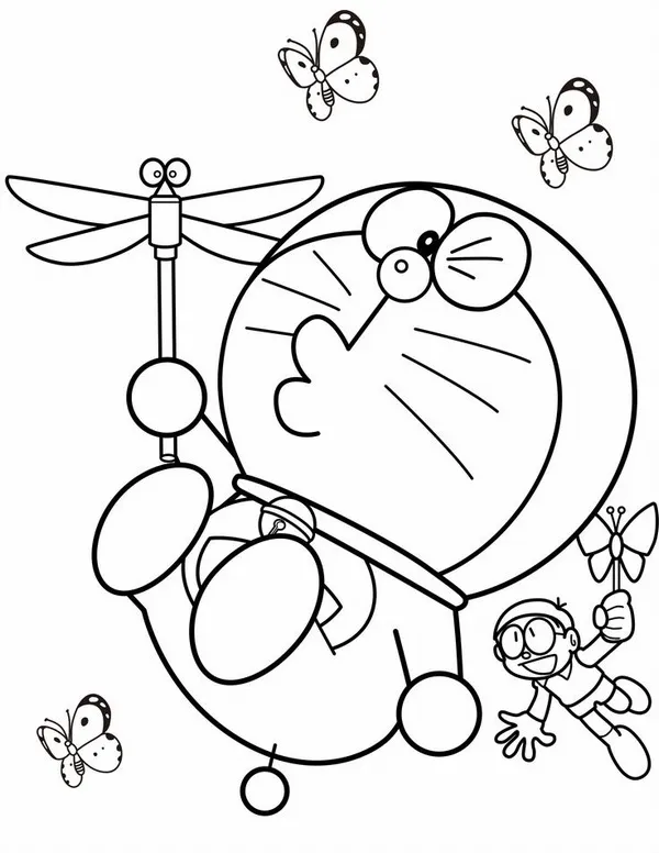 Bức tranh tô Doremon nhảy lò cò trên nền cỏ xanh