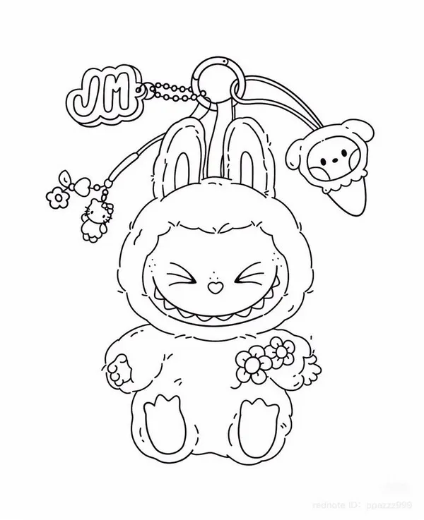 Hình vẽ Labubu cầm bó hoa tặng bạn, gương mặt rạng rỡ