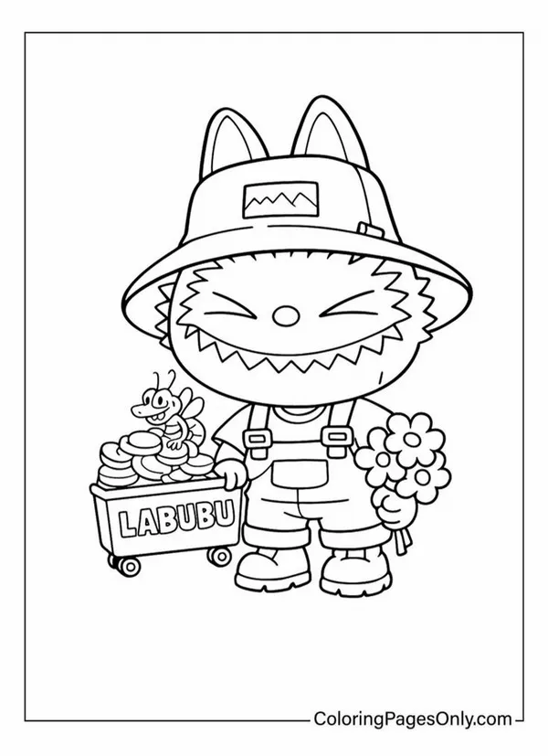 Hình tô màu Labubu ngồi uống trà trên đám mây bay