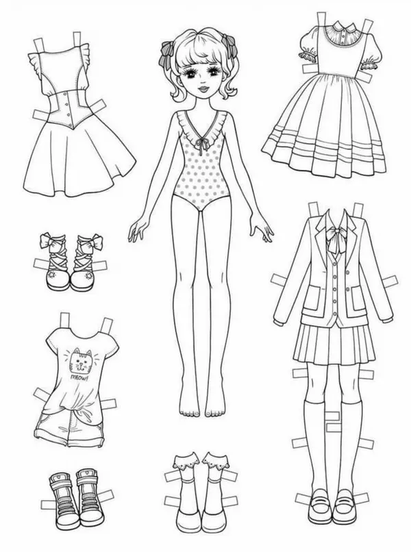 35 Hình tô màu búp bê chibi đang cười trong chiếc váy xanh