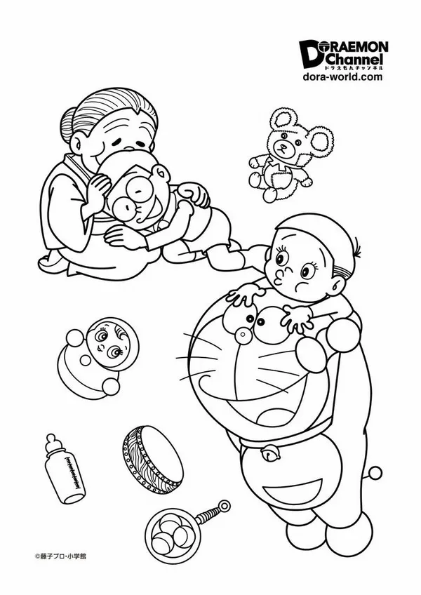 Bức tranh Doraemon và Nobita dùng cánh quạt tre bay