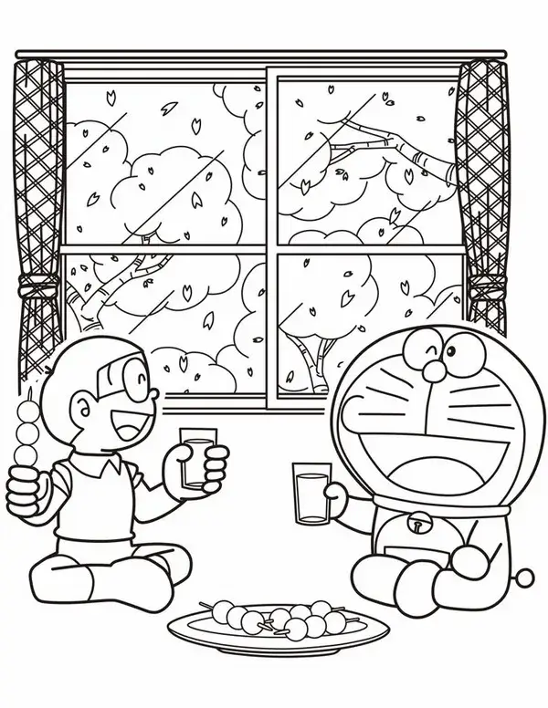 Bức tranh tô Doraemon cầm bánh rán đáng yêu cực