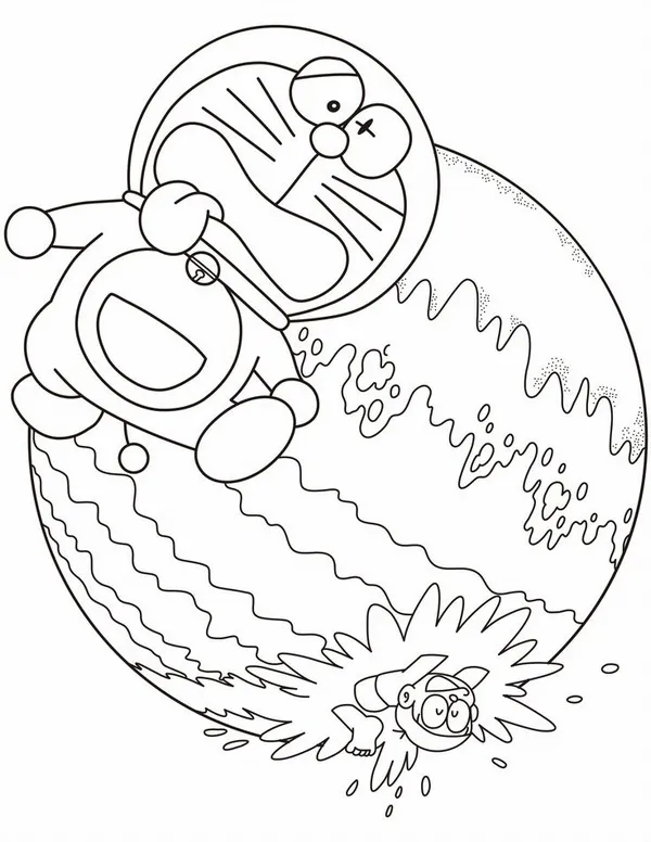 Bức tranh tô Doraemon cười hiền với chiếc chuông vàng