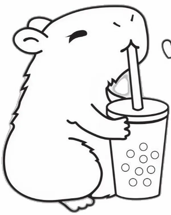 20 In hình tập tô Capybara chibi uống trà sữa