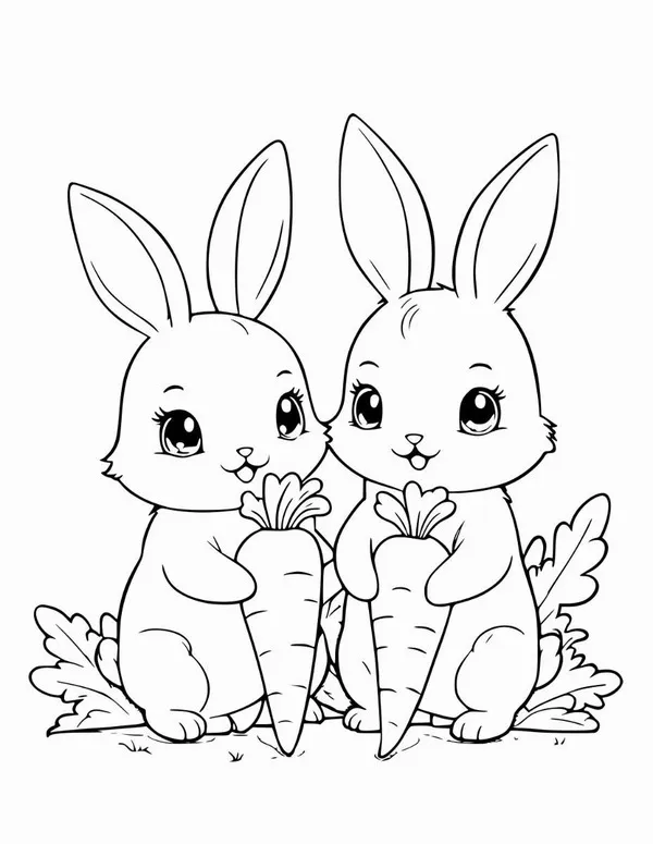 Tờ giấy tô màu thỏ nhỏ trong vườn hoa xinh xắn