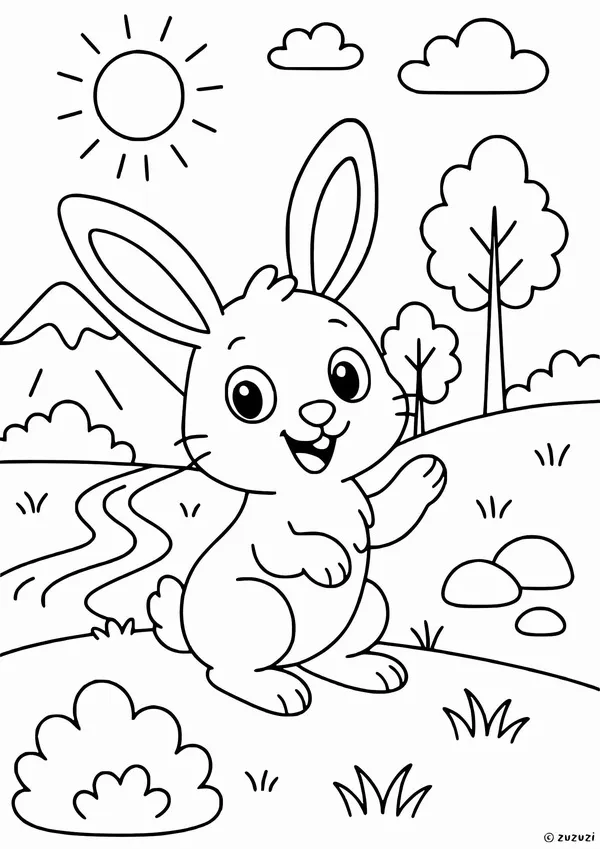 Tô màu sáng tạo thỏ trắng nâu trong khung cảnh rừng xanh