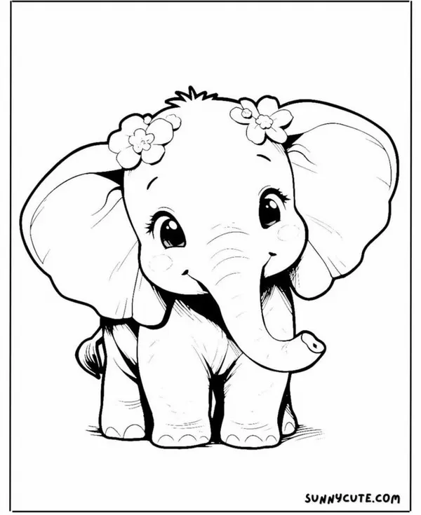 Trang tô màu voi con cười tươi trong rừng xanh