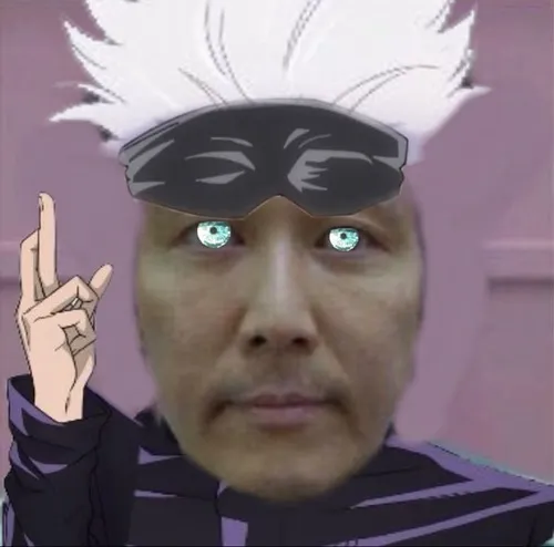 Meme vui Gojo bịt mắt bằng dải băng ánh kim.