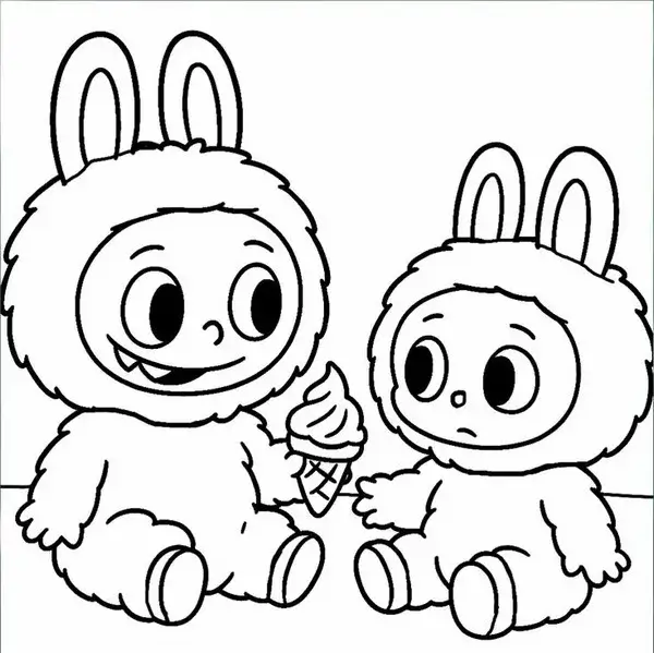 Bức tranh tô Labubu đi câu cá bên bờ hồ yên ả