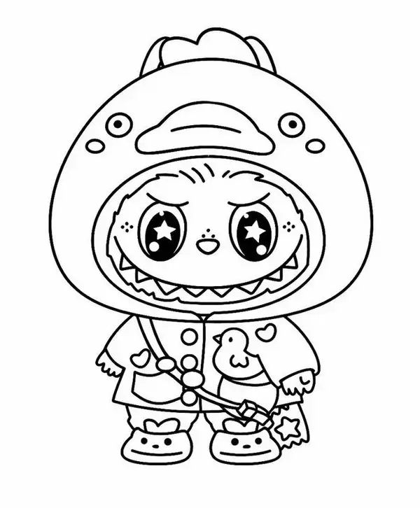 Hình tô Labubu ngồi trên lá sen cùng mấy chú ếch con